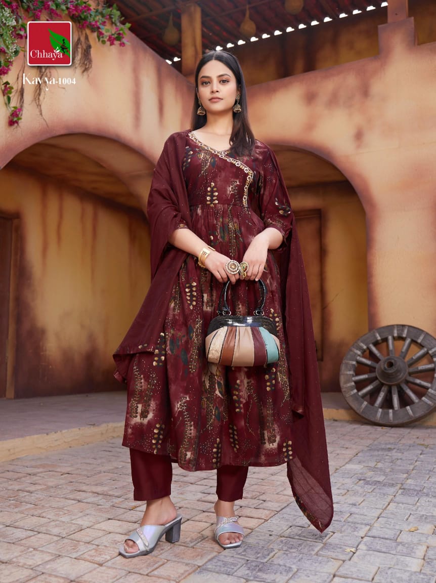 Kavya By Chhaya Kediya Style Neck Long Embroidery Kurti With Bottom Dupatta Wholesale Clothing Suppliers In India